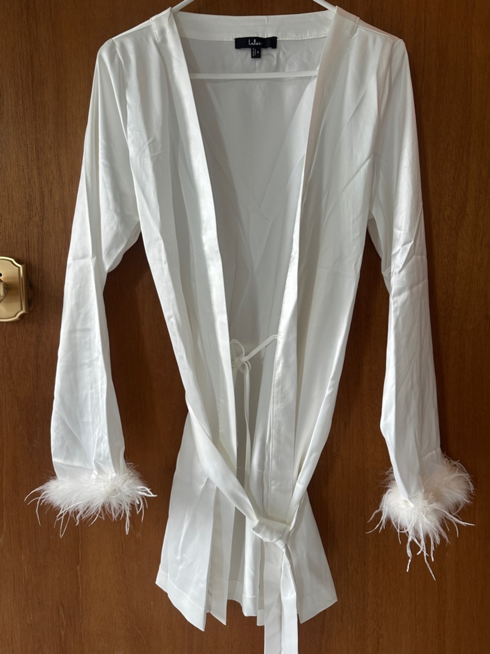Lulu's White Satin Robe with Feather Cuffs